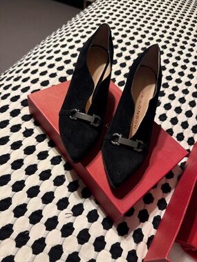 Sacha London Black Suede Pointed Toe Heels with Silver Metal Bit